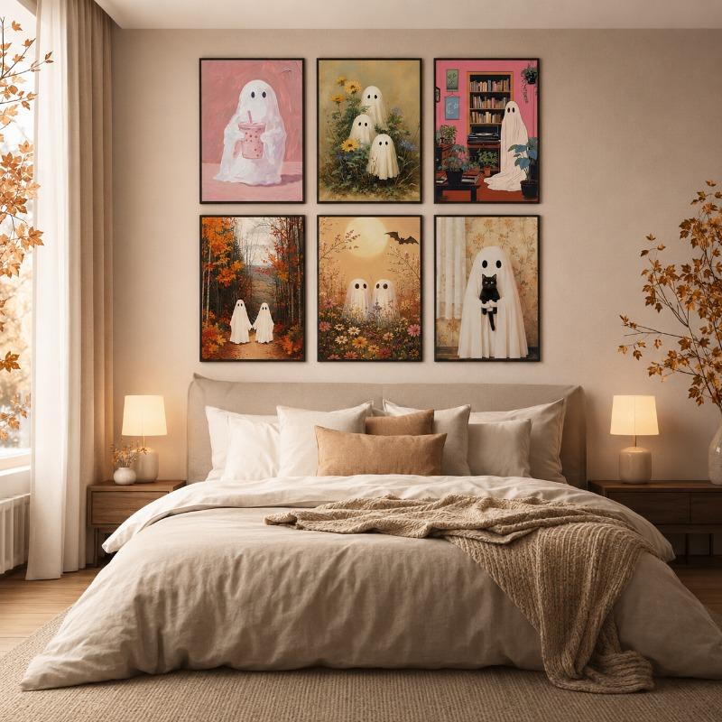 Cute Ghost Black Cat Canvas Gallery Wall Prints Halloween Floral Bat Wall Art Soft Pastel Fall Farmhouse Holiday Home Decor Gift