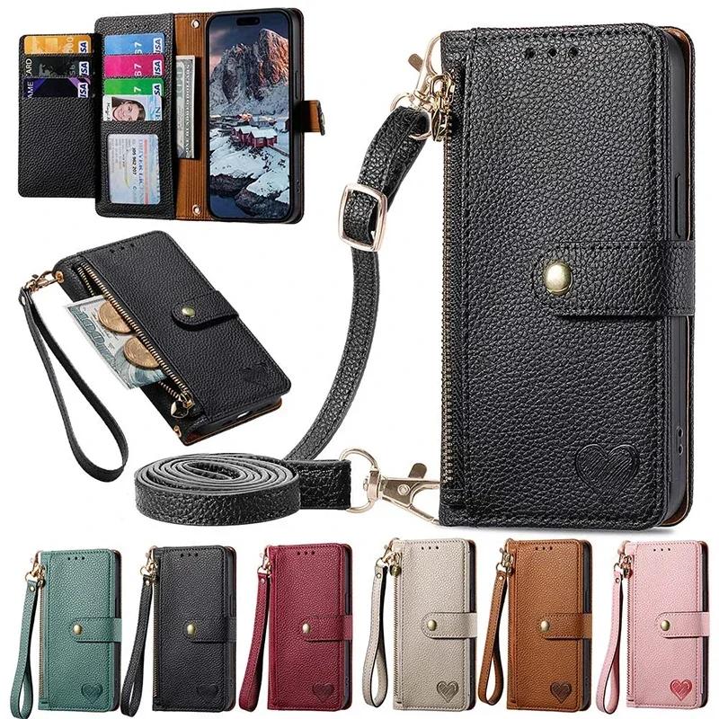 Lanyard Zipper Leather Wallet Anti-theft Case For Samsung Galaxy A06 A16 A05 A05S A15 A25 A35 A55 A14 A24 A34 Wrist Strap Cover