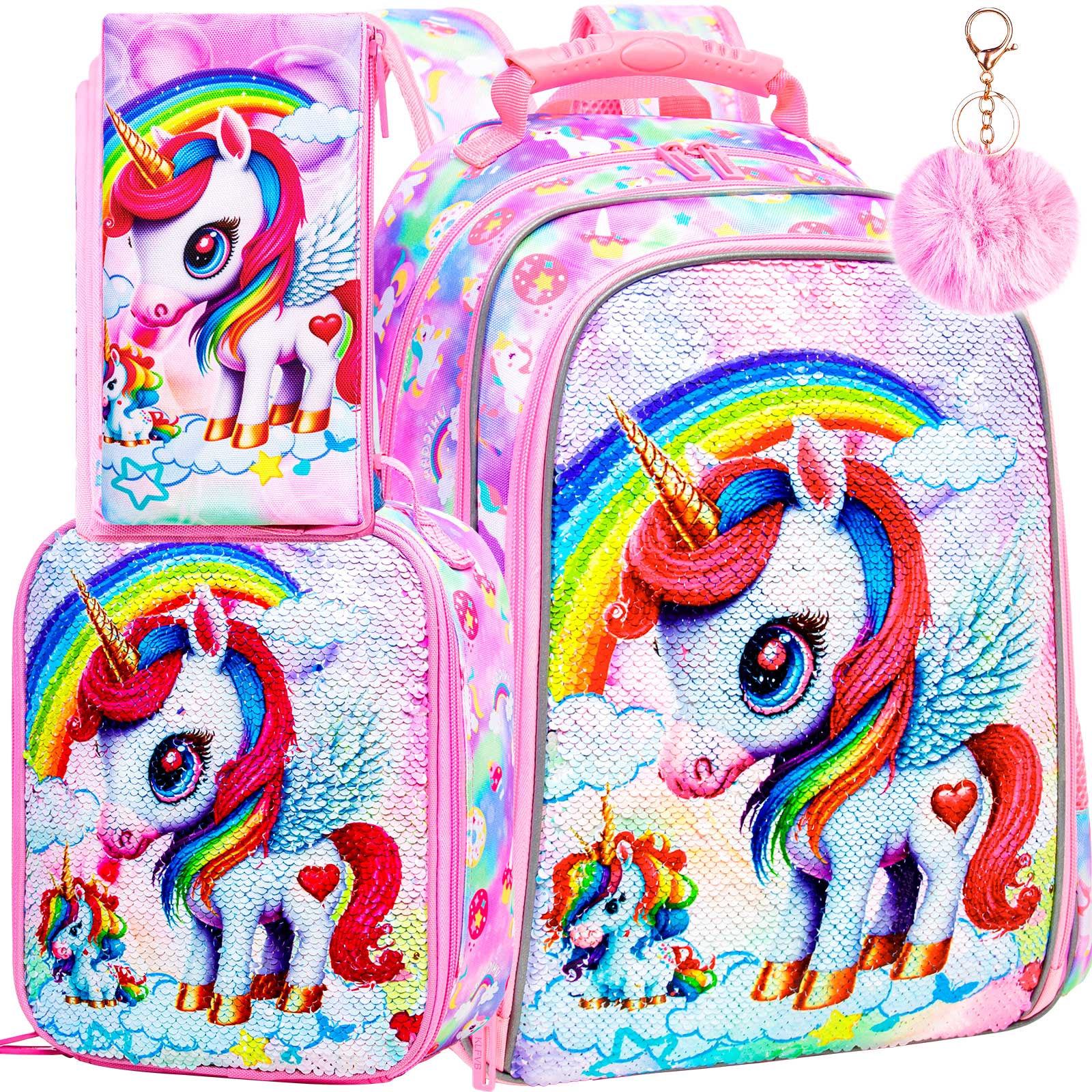 Sac à dos Licorne 3 pièces, Sac à dos à paillettes 16  pour enfants Filles et Boîte à lunch, Sacs à dos étanches pour la maternelle et l'école primaire