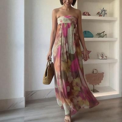 New Women's Clothing European American Fashion Vacation Style Printed Tube Top Backless Dress