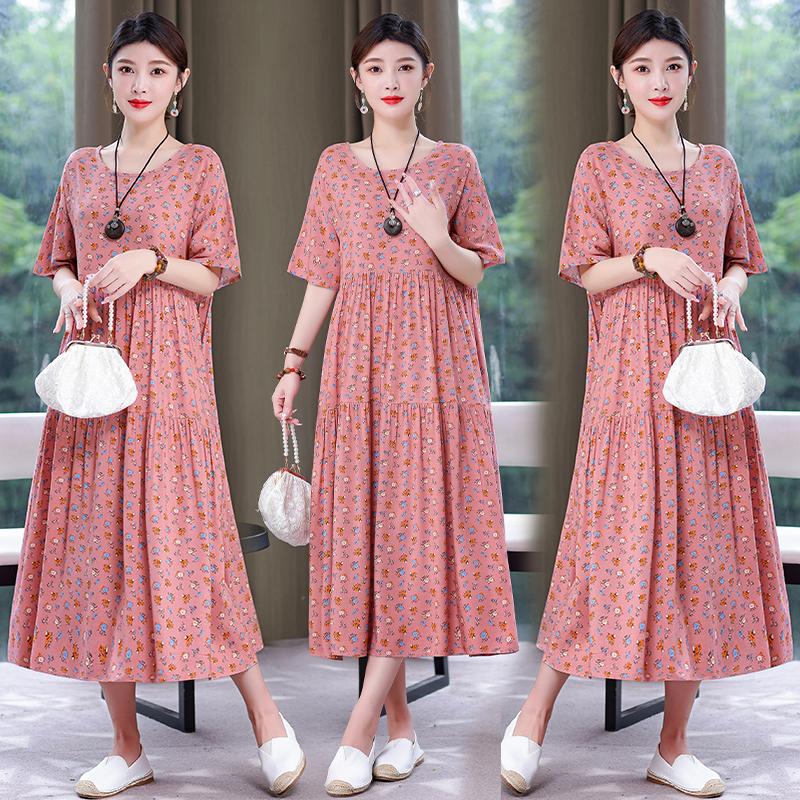 Plus Size Floral Dresses for Women  Oversize Loose Short Sleeve Summer Long Dress Middle-aged Women Summer Sundresses