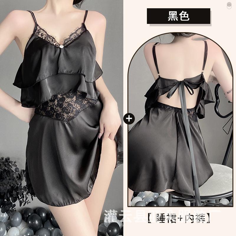 

Жіноча еротична нижня білизна, сексуальна шифонова нічна сорочка на підтяжках, спокушання, солодкий рюшований край M чорний