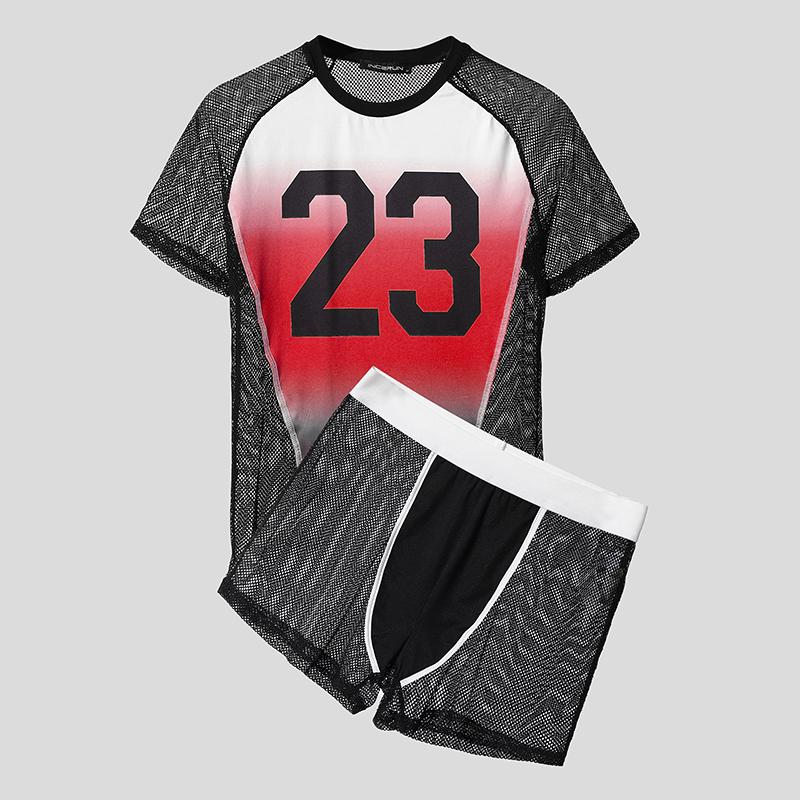 INCERUN Men Underwear Sets Mesh Sheer Print Patchwork Tops Shorts Outfit Home Wear