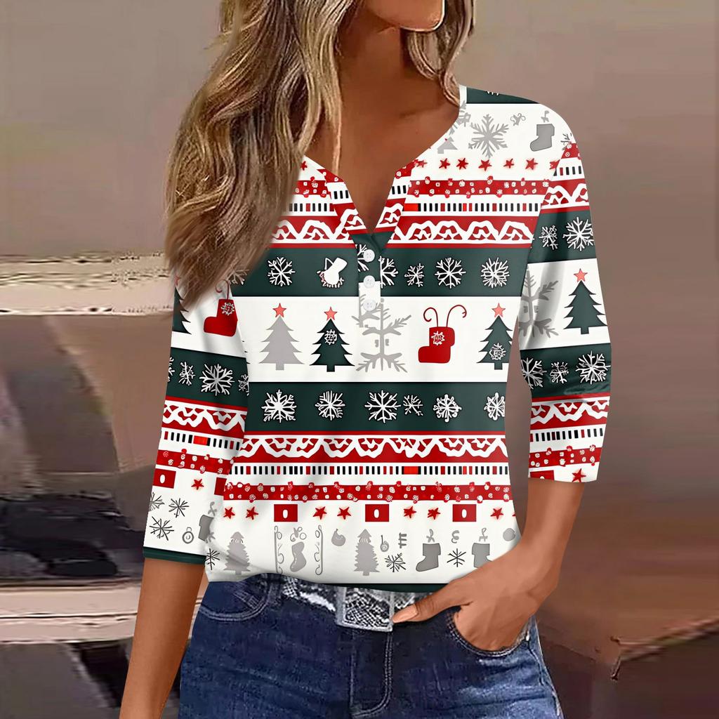 Women's T Shirt Tee Christmas Printed Button 3/4 Sleeve Tunic Daily Weekend Fashion Basic V- Neck Regular Top