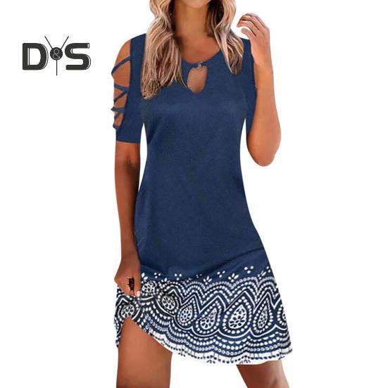 Damen Sommerkleid mit kalten Schultern, Boho-Stil, kurzärmelig, Rundhalsausschnitt, A-Linien-Kleid, lässig, locker, Strandkleid für Büro, Party, Urlaub