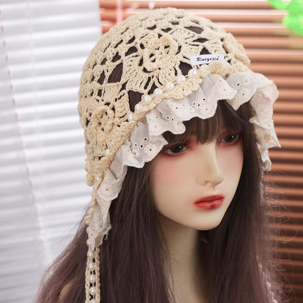 Hollow Out Lace Beanies Pearl Tassels Knit Cap Casual Crochet Flower Knitted Hat Girls