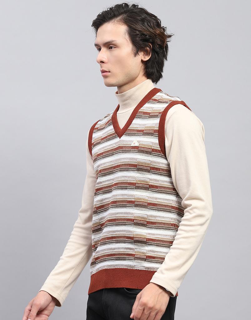 Monte Carlo Mens Brown Self Design V Neck Sleeveless Sweater