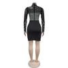 European & American Fashion Women's Solid Color Mesh Long Sleeve Mini Dress with Hot Drilling.