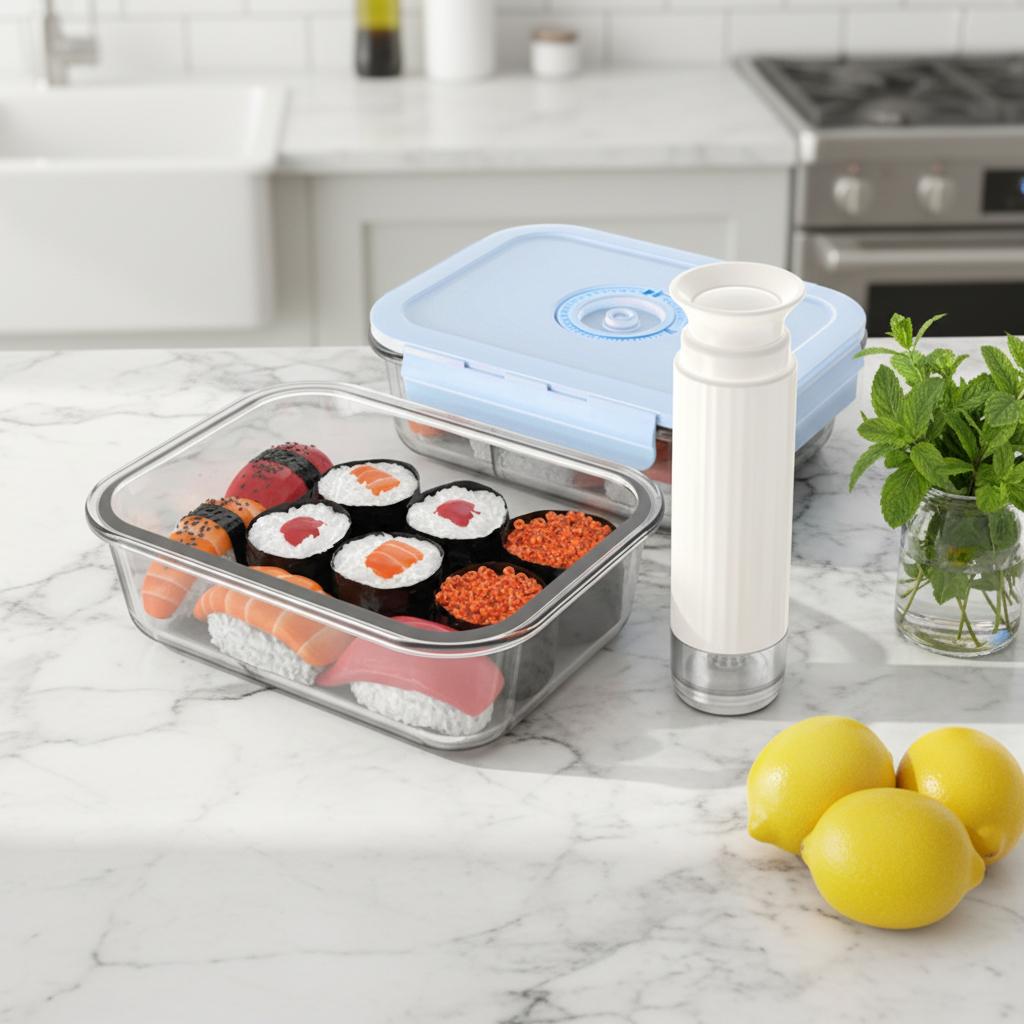 Lasting Freshness Vacuum Food Storage Container Set 1480ML Large Rectangle Watertight Seal Food Storage Box with Manual Pump 630ML бежевый