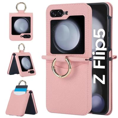 Samsung Galaxy Z Flip 6 5 4 3 için Deri Yüzüklü Telefon Kılıfı Flip6 Flip5 Flip4 Flip3 Kart Tutuculu Cüzdan Darbeye Dayanıklı Kapak