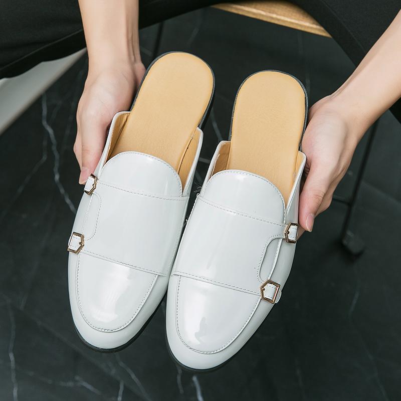 Fashion New Men's White Monk Strap Half Slippers Driving Shoes Casual Patent Leather Mules Moccasins Breathable Loafers Zapatos Hombre