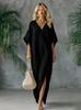 European and American New V-neck Bat Sleeve Split Ends Loose Temperament Dress Long Dress Women's Clothing