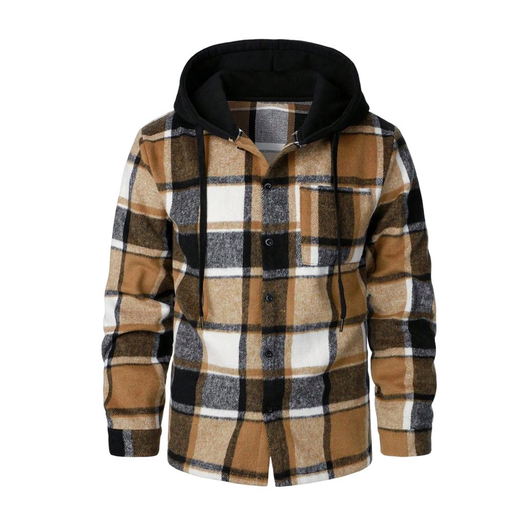 Men's Hooded Plaid Shirt Casual Loose Fit Jacket for Fall and Winter
