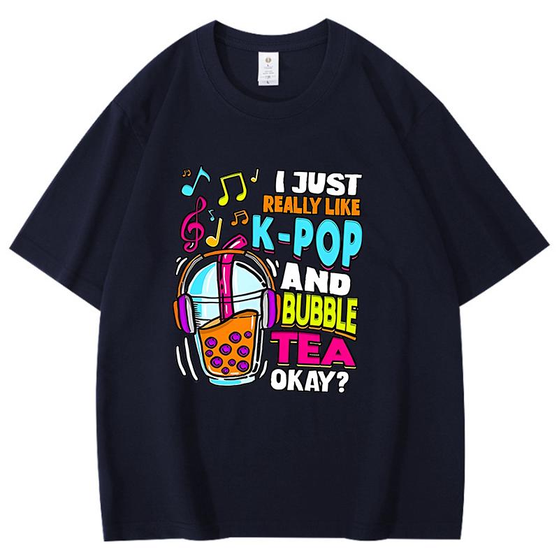 

Pearl Milk Tea with Headphones on Print Cotton T Shirt Women Unisex I Like KPOP and Milk Tea Letter Print Pattern Hiphop Shirts 4XL