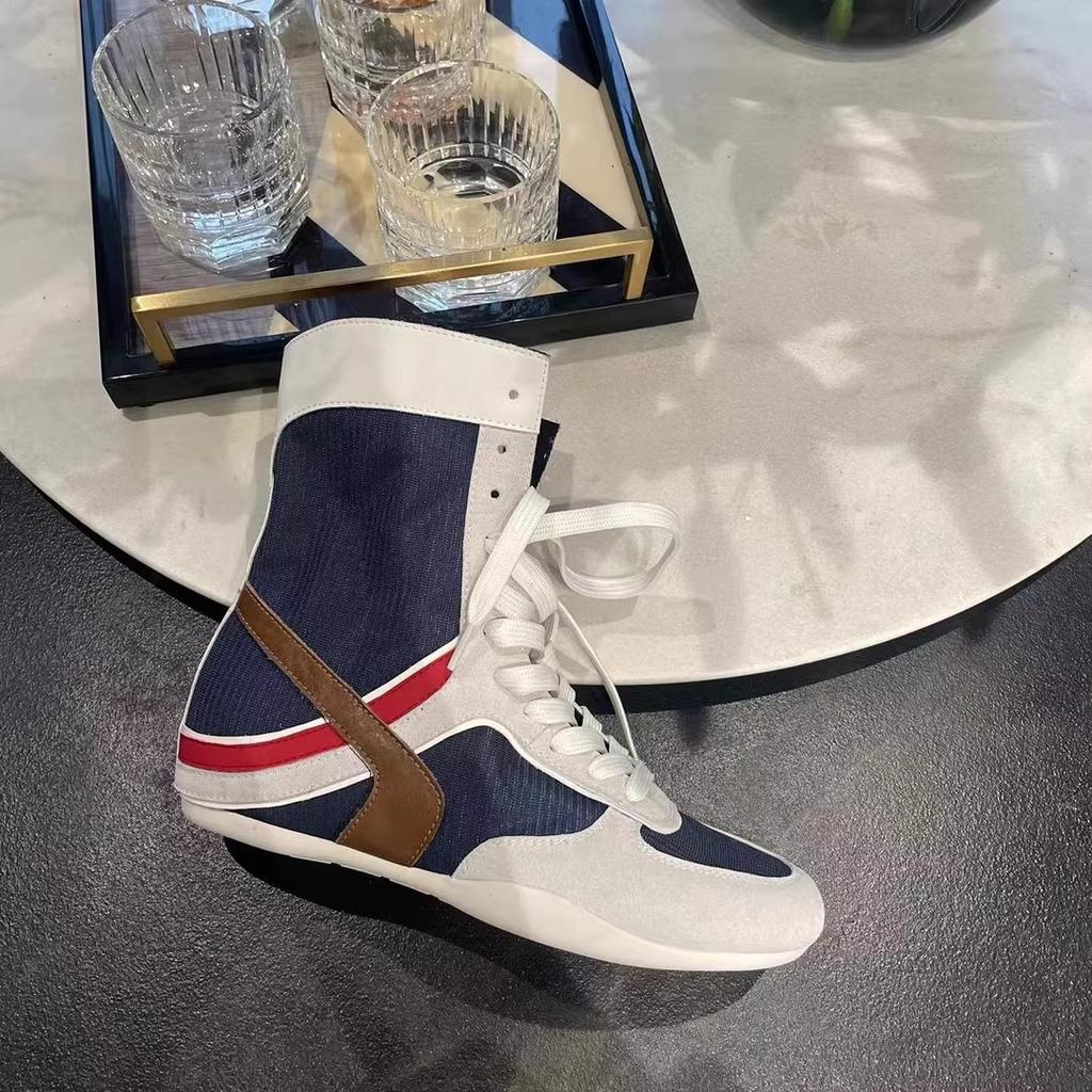 Retro Round Head Contrasting Color Versatile Platform Boxing Shoes Women's 2025 New Breathable Casual High-top German Training Shoes Short Boots