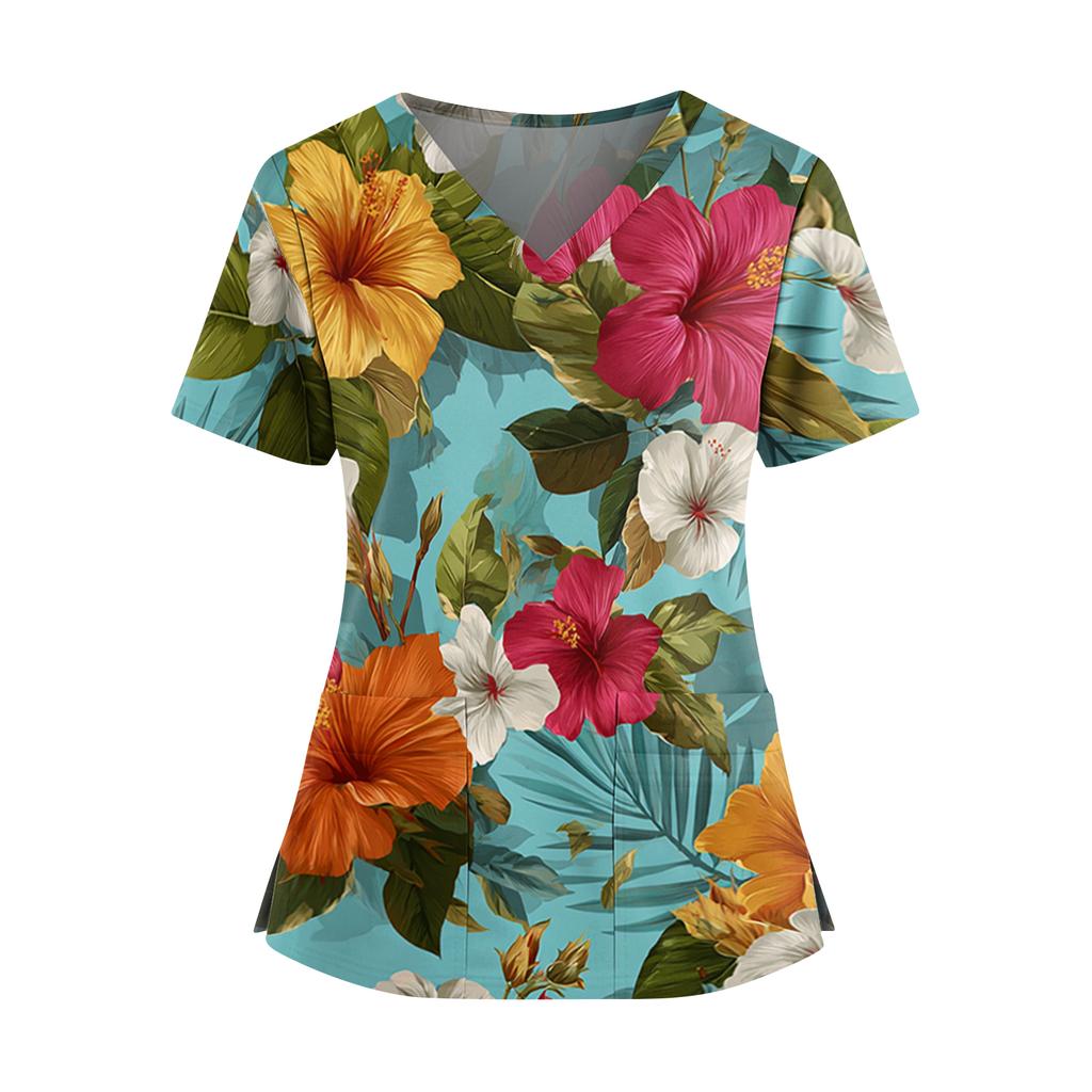 Women's Hawaiian Print V-Neck Double Pocket Short Sleeve Uniform/ Top