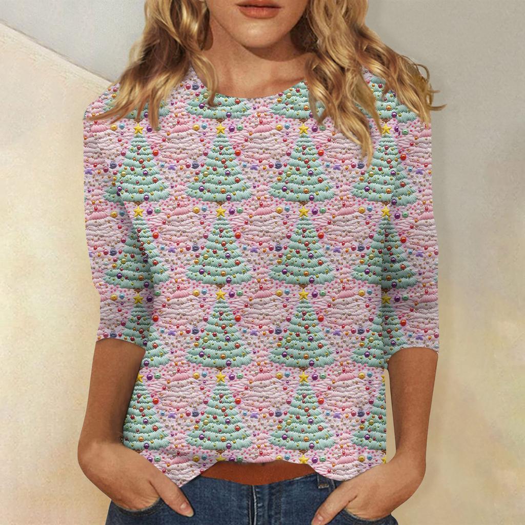 Women's Fashionable Casual Three-Quarter Sleeve Christmas Print Round Neck Top
