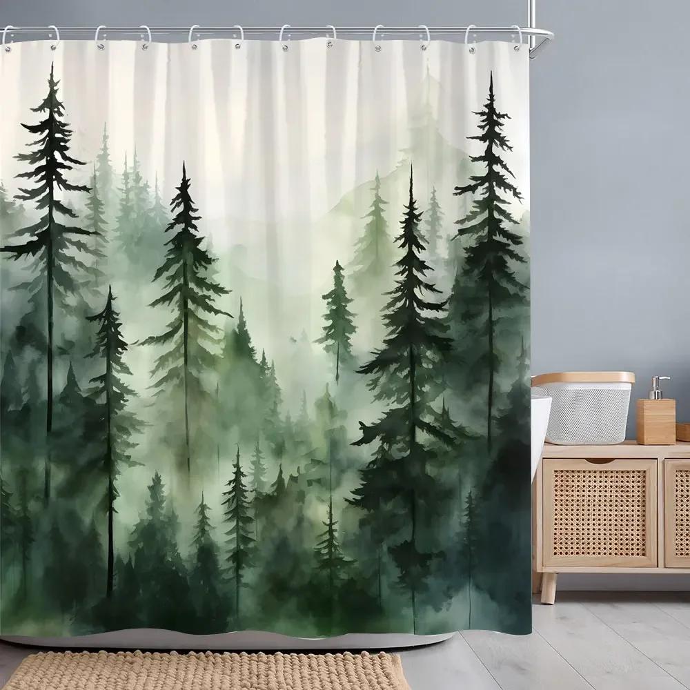 Misty Forest Shower Curtain Woods Birds Watercolour Art Creative Polyester Fabric Shower Curtains Bathroom Decoration With Hooks
