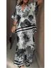 European & American Style V-neck Printed Short-Sleeve Top and Loose Wide-Leg Pants 2-Piece Set – Women's Clothing, Casual 2025 Collection