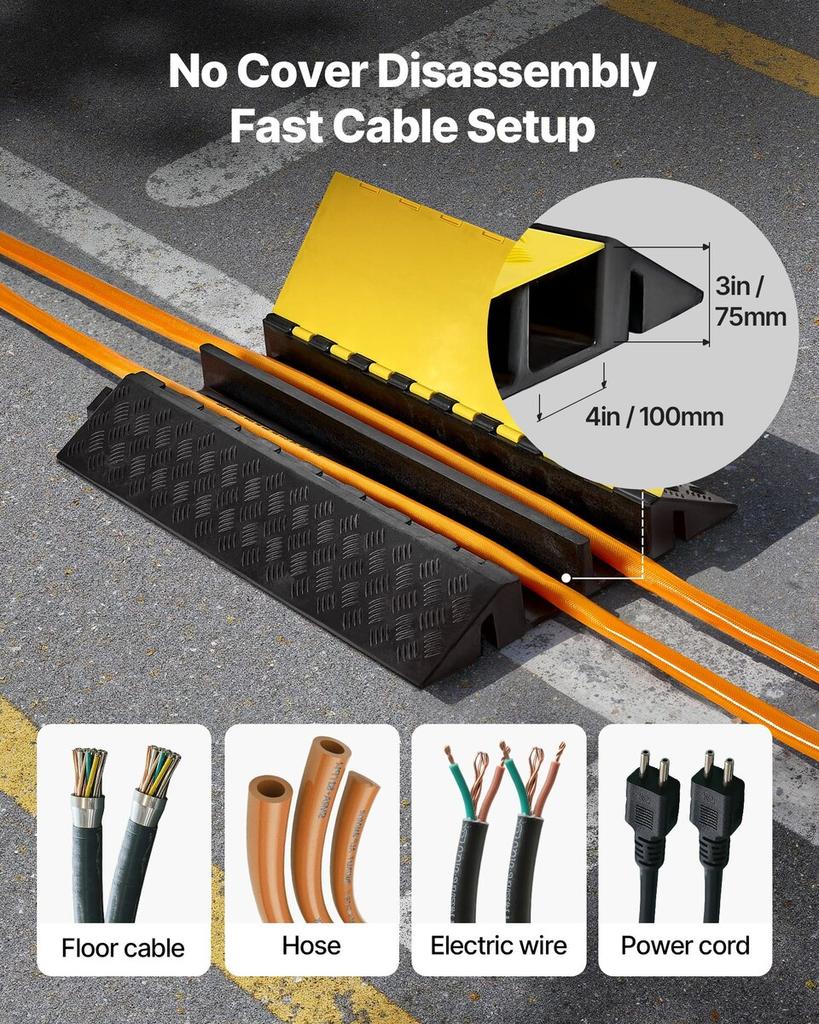 Cable Protector Ramp, 9,979 Kg/axle Capacity, 2 Channel Heavy Duty Rubber Cord Hose Wire Cover, 100 X 75 Mm Channel, Traffic Speed Bump with Flip-Open