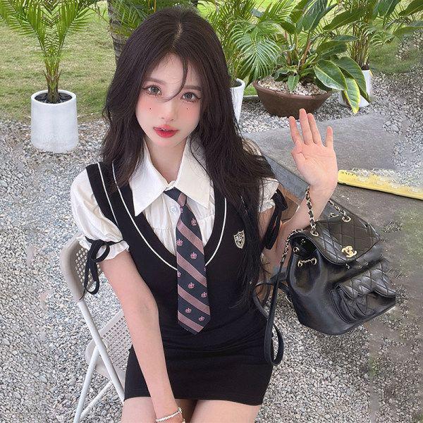 

Preppy Puff Sleeve Dress Set: Sweet, Cool & Sexy Summer Style Extra Large чёрный