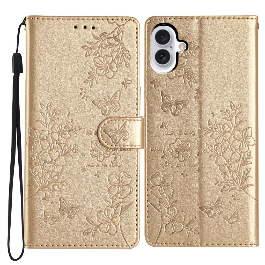 For iPhone 17 Wallet Phone Case Butterfly Floral Imprint Leather Flip Cover with Strap