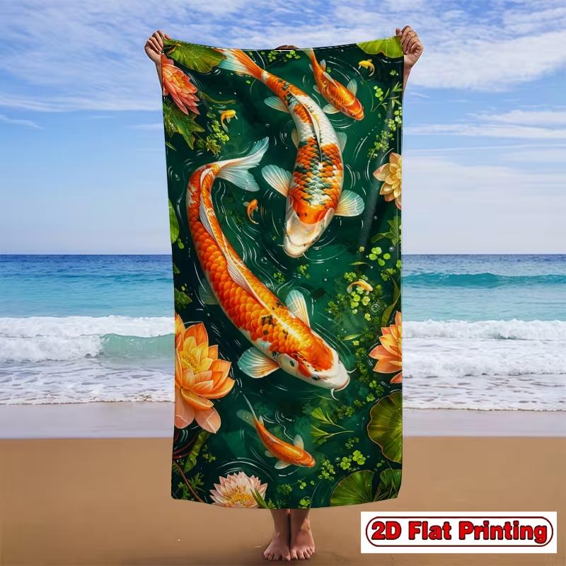Koi Fish Lotus Print Beach Towel Quick Dry Absorbent Sand Free Natural Scenery Towel for Summer Beach Pool