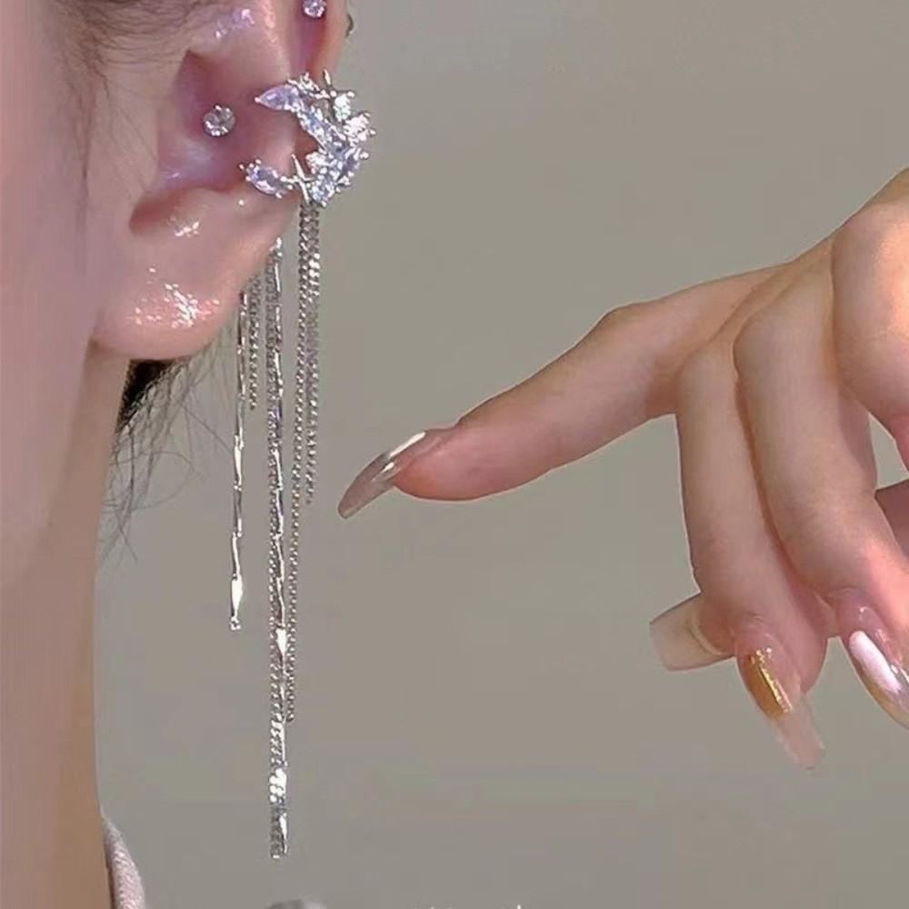 1 Pair Long Tasse Ear Cuff Luxury Design Zircon Ear Clip Fashion Tassel Earring  Female Accessories