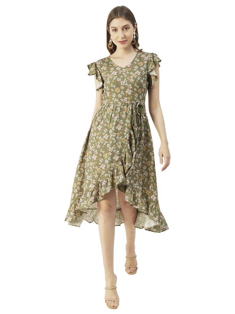 Moomaya Printed Viscose Front Slit Ruffle Dress, Summer Resort Wear Women