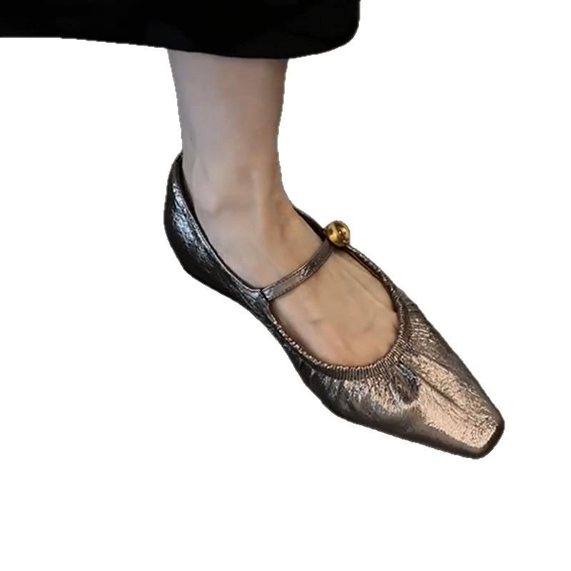 Cowhide version~ French Xiaoxiangfeng retro square head pleated one-word buckle with Mary Jane shoes women's shallow commuting shoes