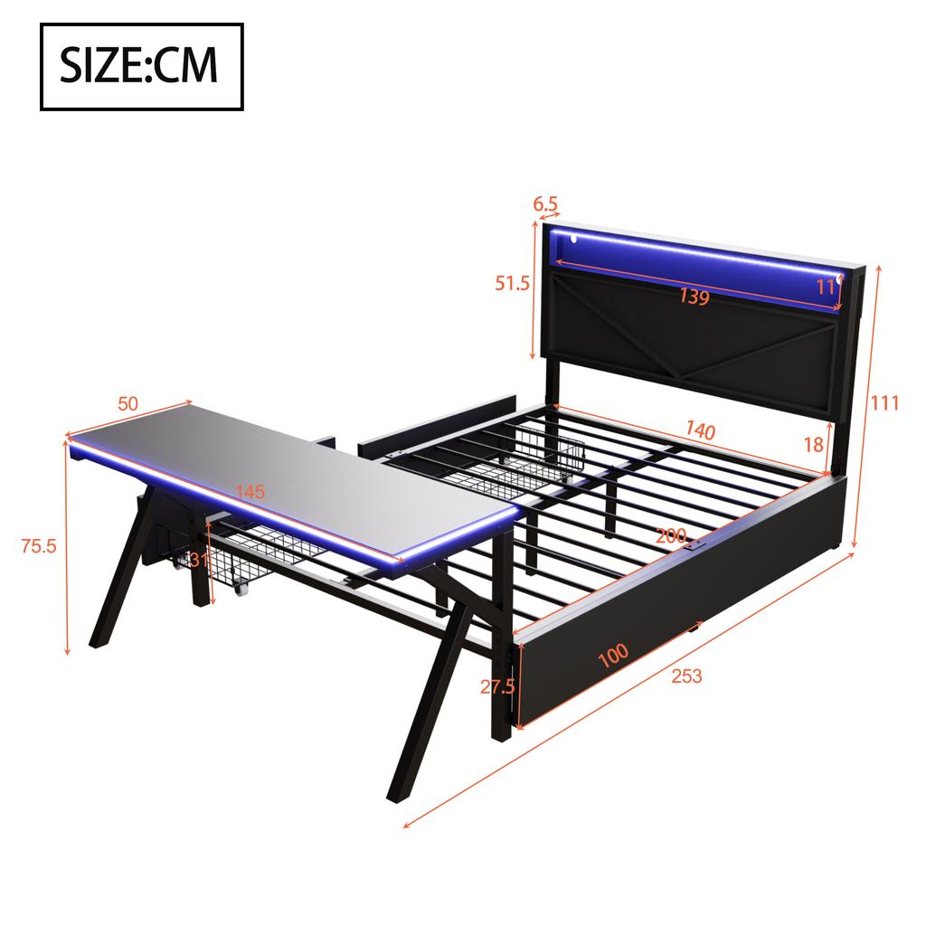 Piattaforma Letto da Gioco Grande 140x200 cm in Metallo con Testiera LED, Scrivania LED e Due Cassetti, Nero