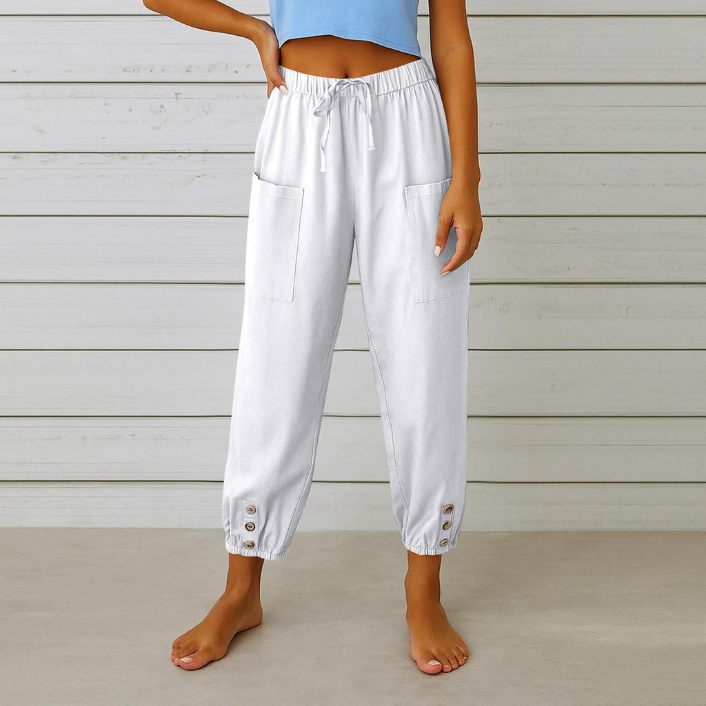 Women's Fashion Solid Color Hemp Cotton Pocket Leg Tight Waist Casual Pants