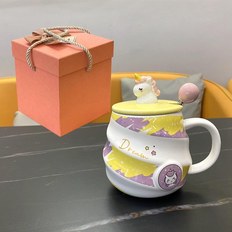 Souvenir Regenbogen Einhorn Keramik Fadenbecher mit Deckel Löffel Mädchen Trinkwasser Tasse Büro Kaffeetasse