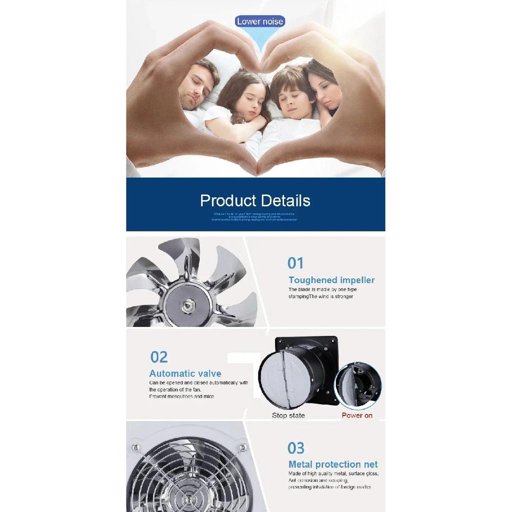 Ventilatore Estrattore Metallo Ferro per Ventilazione 4/6/8", Silenzioso con Valvola di Non Ritorno Anti-reflusso, Ventilatori da Parete&Finestra per Casa