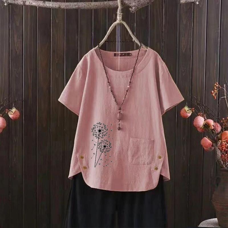 Nordic Style Dandelion Print V-neck Cotton Hemp T-shirt for Women - 2025 Summer Light & Airy
