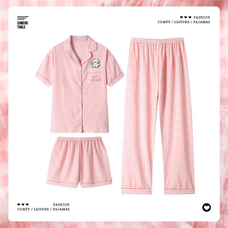 Ins Style Pink Grid Dog Pajamas Set Women Cloud Cotton Short Sleeve Long Pants Loungewear 3pcs