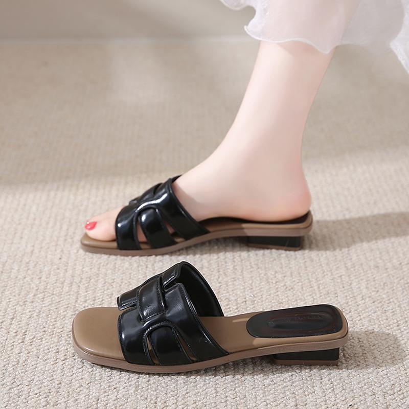 CRLAYDK Womens Flat Sandals Dressy Comfortable Slide Weaving Leather Square Low Heel Beach Travel Slippers for Summer