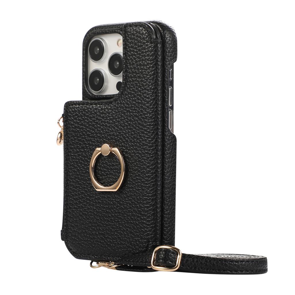Ring Holder Crossbody Zipper Cards Solt Wallet Leather Case For iPhone 15 Pro Max 14 Plus 13 12 11 SE 2022 Makeup Mirror Cover