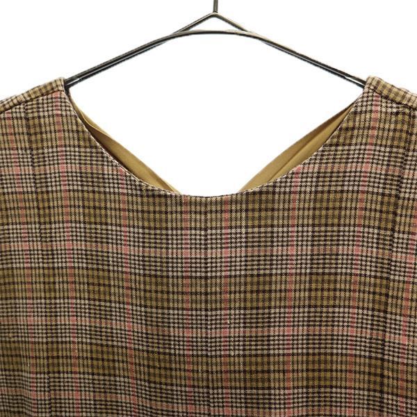 Mila Owen Linen Blend Check Pattern No Sleeve One Piece Brown Back Ribbon Women Used