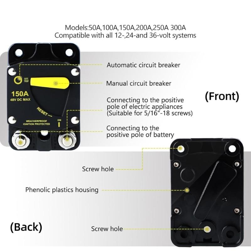 High Amperage Circuit Breaker with Manual Reset for Use in Car Motorhomes Boats Solar Installations Corrosion Resistant