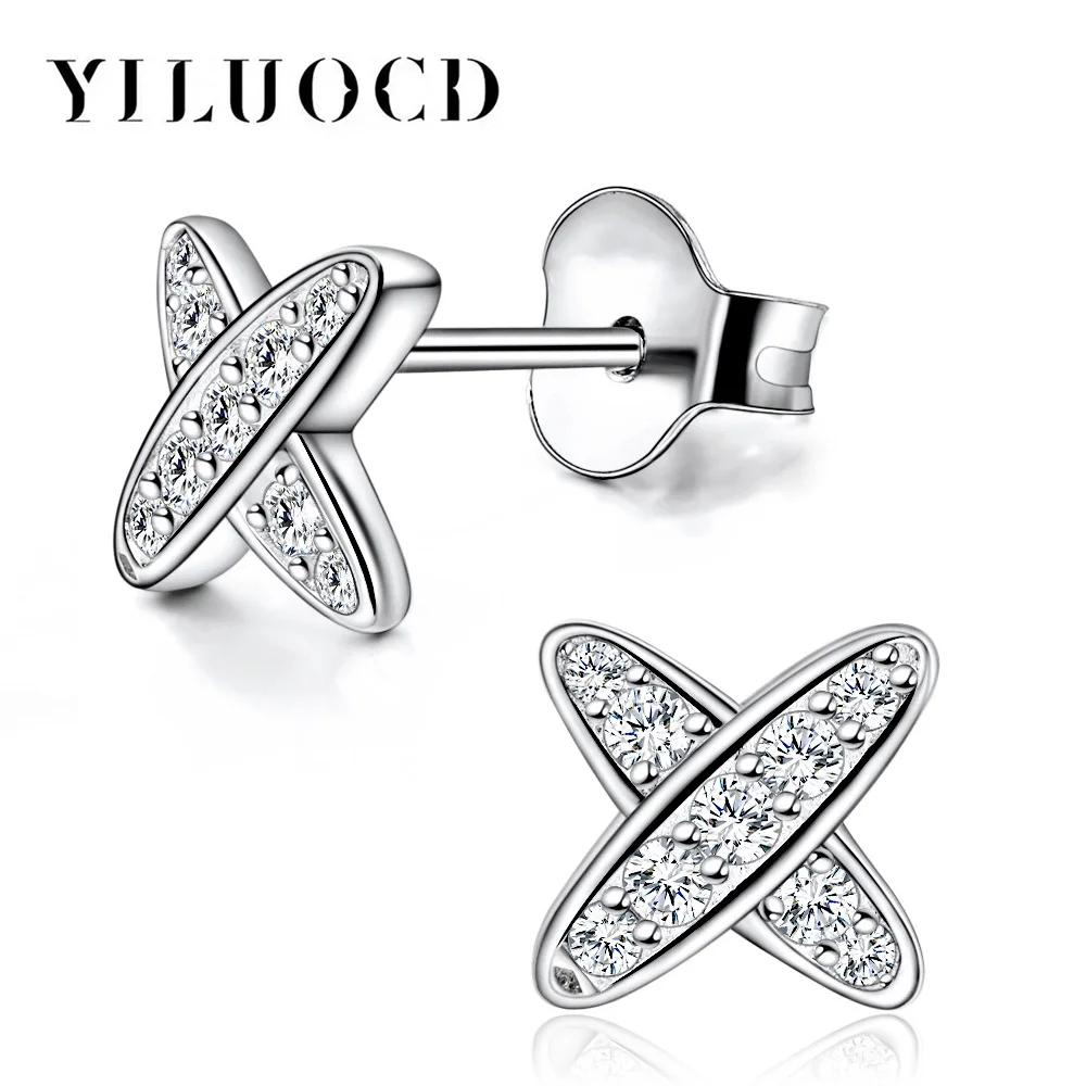 925 Thai Silver Full 5A Cubic Zirconia Cross Earrings Dainty X Trendy Stud Earrings for Women Minimalist Fashion Jewelry белый