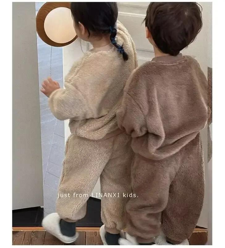 Zimní chlapecké a dívčí plyšové pyžamo s medvídkem, roztomilé teplákové soupravy, teplé mikiny s kapucí + kalhoty, 2dílné sady, dětské chlapecké oblečení