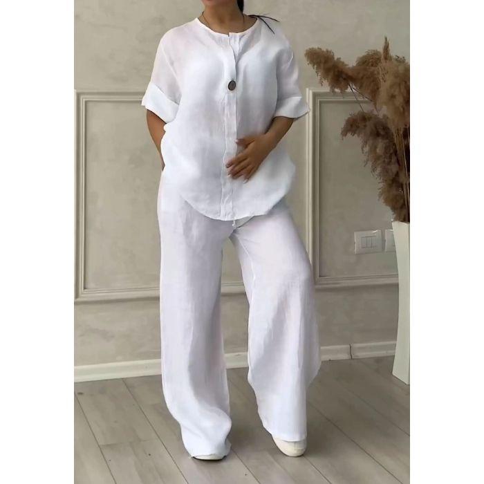 Women's Plus Size Cotton Linen Summer Shirt & Long Pants Two-Piece Set