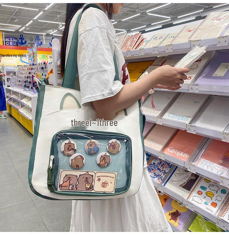 Large Capacity Cute Kitten Ita Bag - Cartoon Print Transparent Shoulder Bag for Students