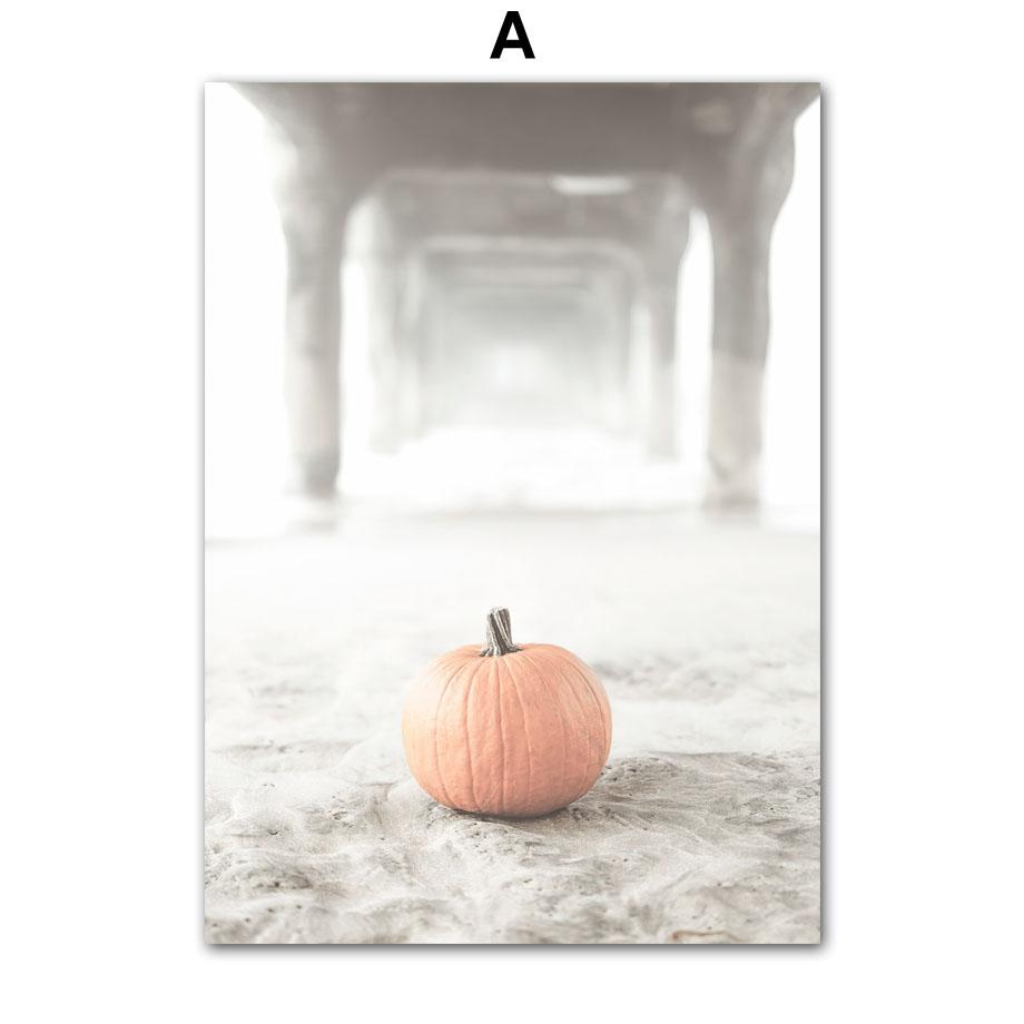 Weißer Strand Kürbis Vogel Blume Blätter Wand Kunst Leinwand Malerei Nordic Poster und Drucke Wand Bilder für Wohnzimmer Dekor