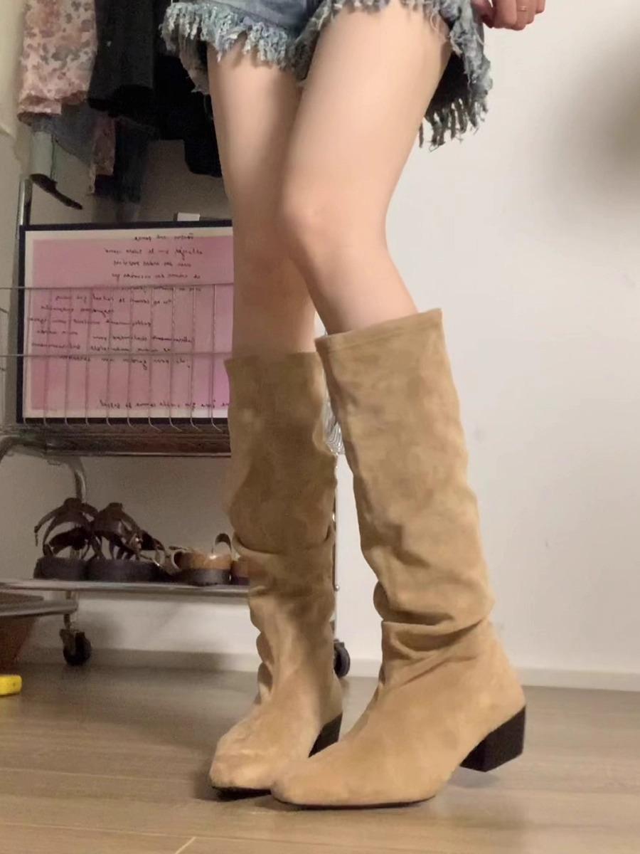 

Sheepskin Edition~ Retro Wasteland Wind Knight Boots Thick Heel But Knee Women s Pile Boots Skinny Versatile Pointed Fashion Boots 35 хаки