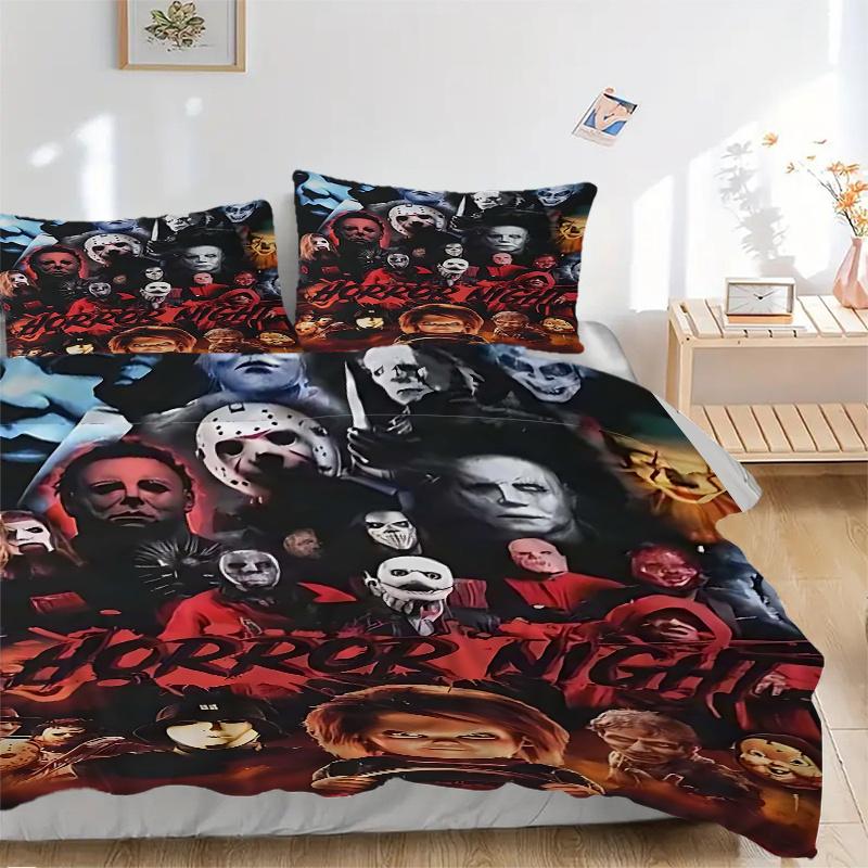 3pcs Horror Night Movie Characters Comforter Set with 1 Quilt Cover and 2 Pillowcases (No Core) - Halloween Decorations, Home Decor, Holiday Gift, Pol