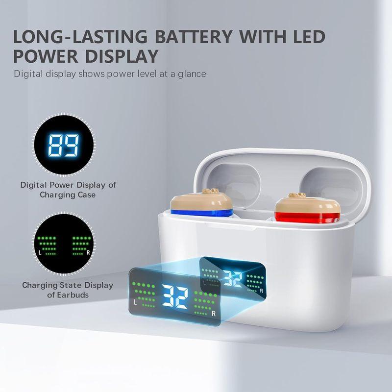 Kabelloses Mini-Hörgerät mit Geräuschunterdrückung für Senioren, HD-Digitalanzeige, mit Akkuladebox mit großer Kapazität