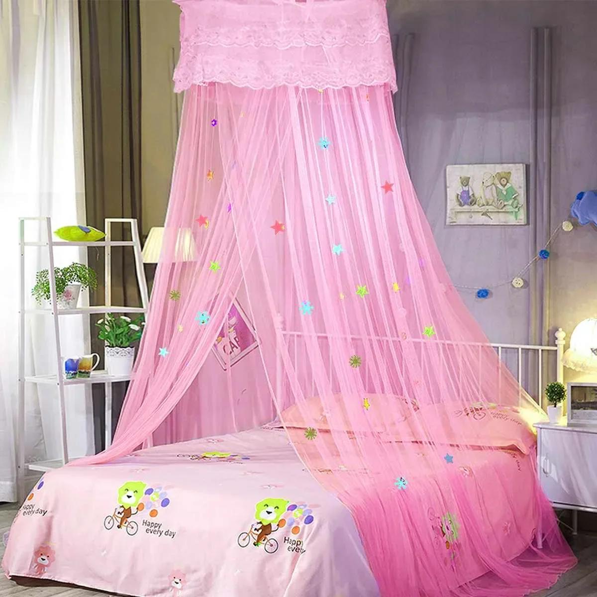 

Elegant Lace Bed Canopy Mosquito Net Hung Dome Mesh Canopy Princess Round Dome Bedding Net for Camping Bedroom Bed Mosquito Net рожевий