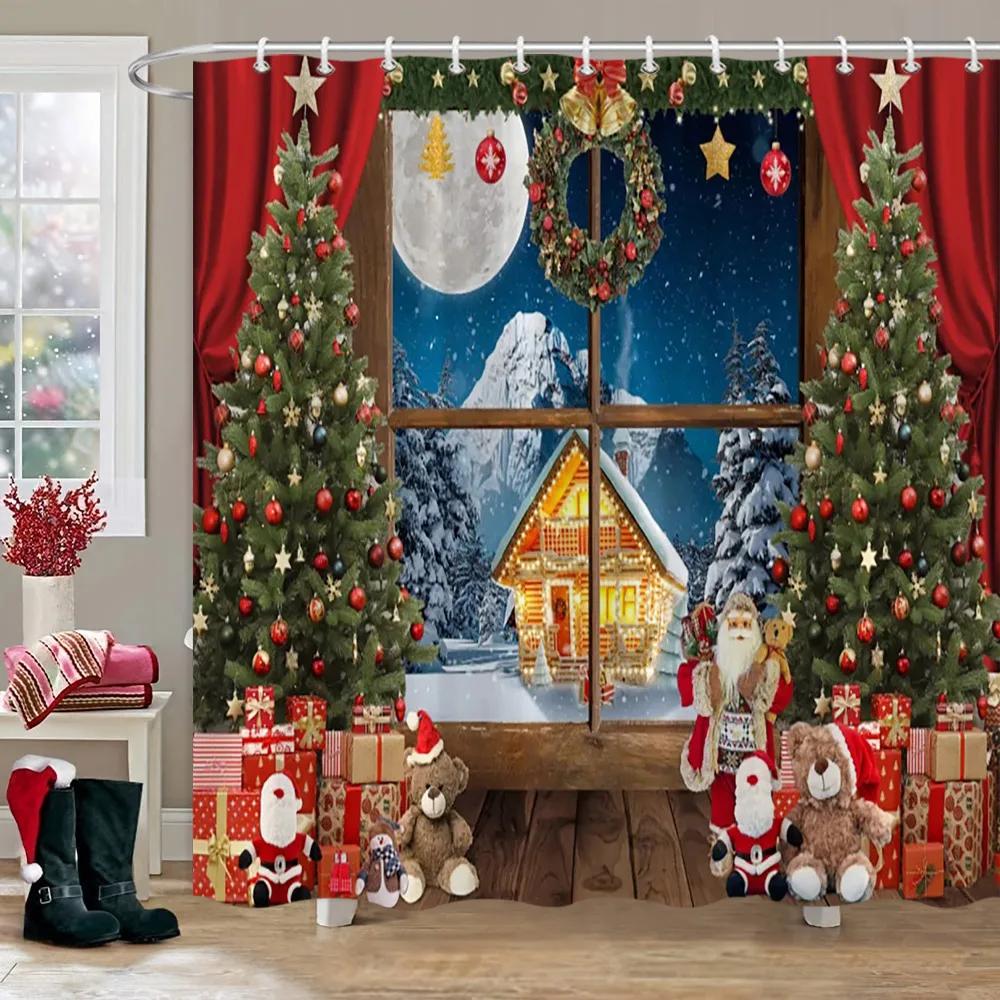 Weihnachtsparty Duschvorhänge Kamin Weihnachtsbaum und Geschenke Schneemann Schneeszene Waschbarer Duschvorhang Kunst Badezimmer Dec